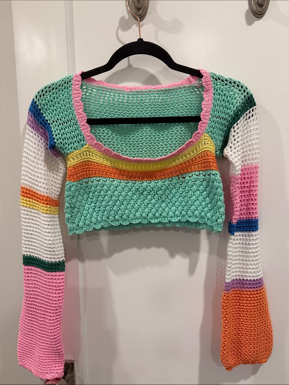 Crochet Crop Top in Mint with Rainbow Stripes